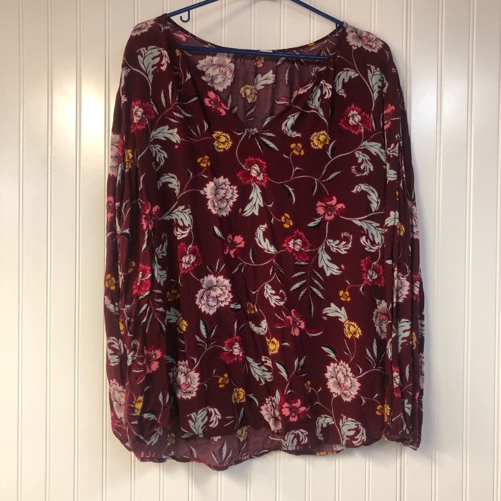 Old Navy Burgundy Floral Blouse with Pink and Yellow Accents